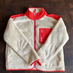 J.Crew Fleece Jacket - natural sherpa with orange and pink accents.